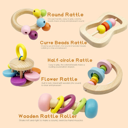 Wooden Baby Rattle, Organic Colorful Baby Rattles Set, Toddler Hand Wooden Rattles Toy Set for