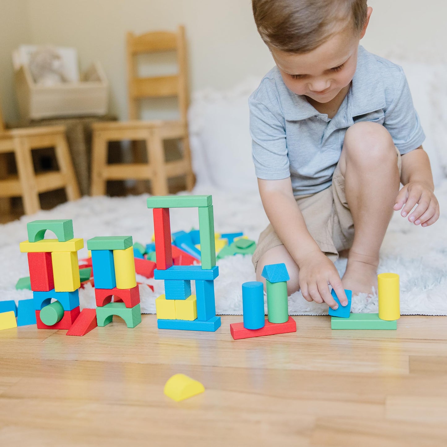 Melissa & Doug Wooden Building Blocks, 100-Piece Set of Sorting & Stacking Toys in 4 Colors and 9