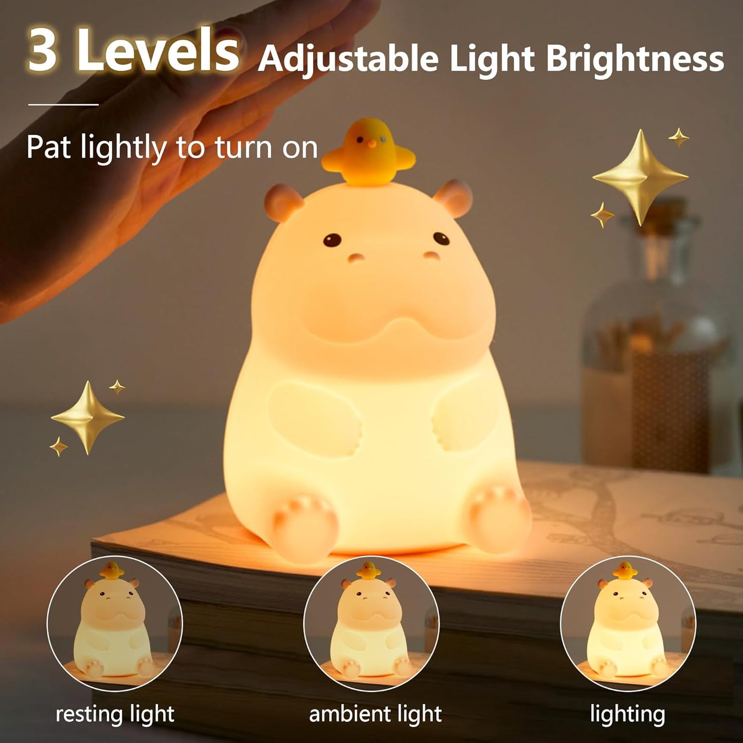 Hippo Night Light, Cute Silicone Squishy LED Lamp, Dimmable Nursery Nightlight, Rechargeable Bedside Table Lamp with Touch Sensor, Gifts for Bedrooms,Living Room,Breastfeeding
