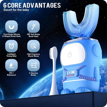 RexCodar Ultrasonic Kid's U-Shaped Electric Toothbrush, IPX7 Waterproof, Five Cleaning Modes, 60S