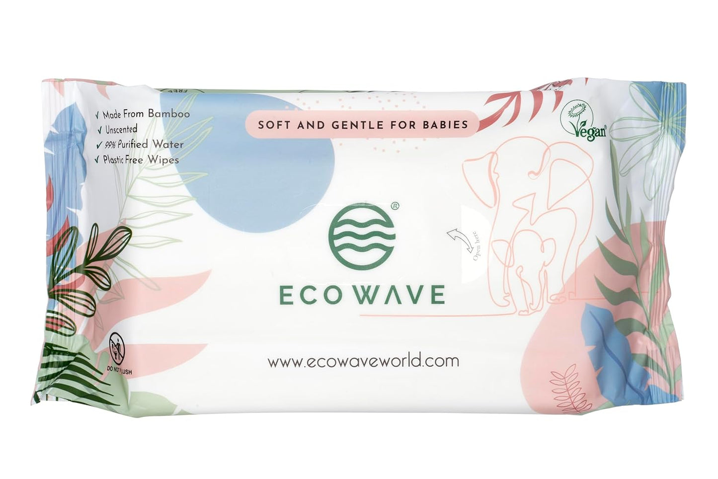 Eco Wave Baby Wipes, 100% Compostable Eco-Friendly Bamboo Wipes, Unscented, Hypoallergenic, Vegan, Alcohol-Free, Suitable For Sensitive Skin (Pack of 4)