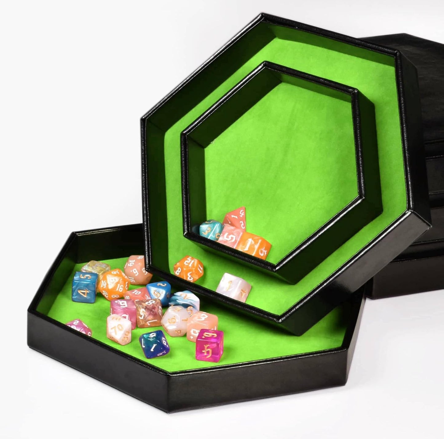 DND Dice Tray - 2 in 1 Hexagonal Rolling and Storage Tray, Faux Leather Material, Green Color, Compatible with D&D, MTG, Dice Arena