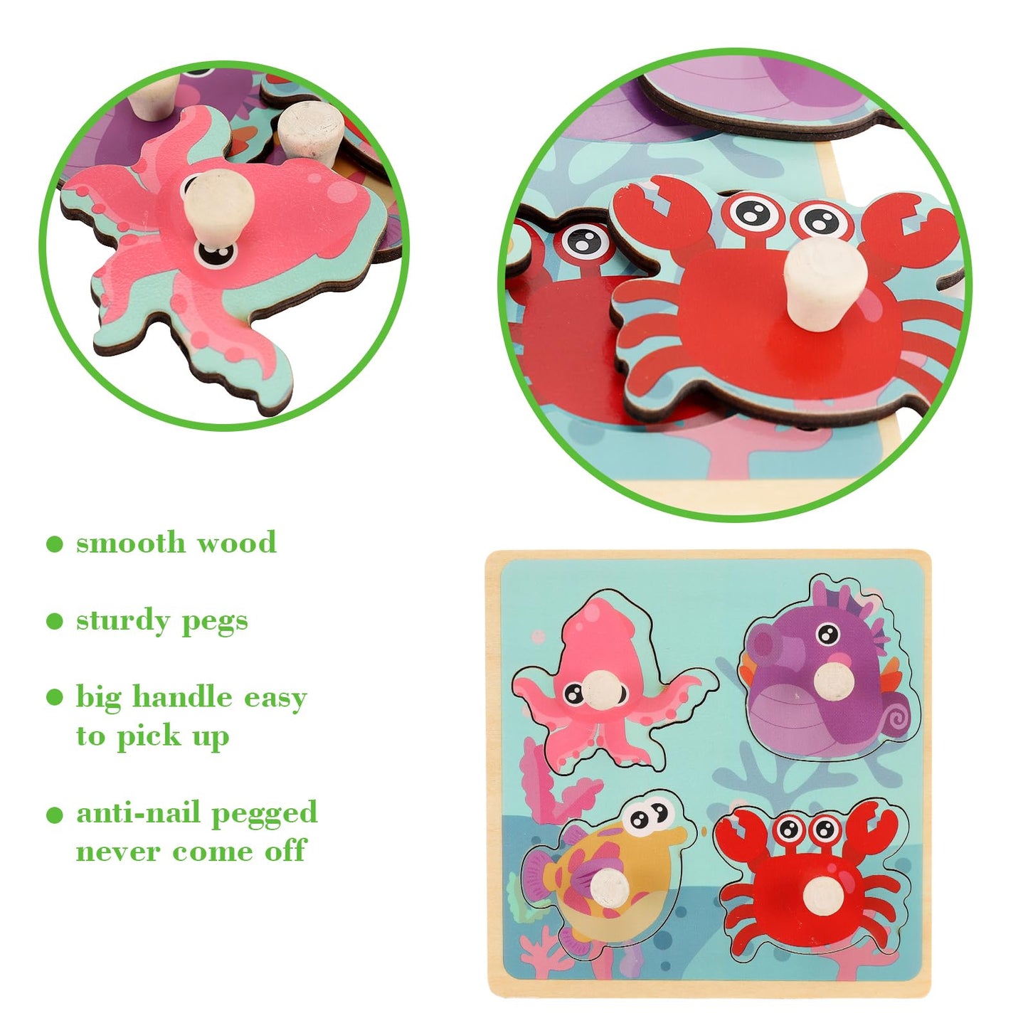 Wooden Peg Puzzles for Toddlers 1-3, Kids' Educational Preschool Peg Puzzle Toy, Set of 4 Toddler