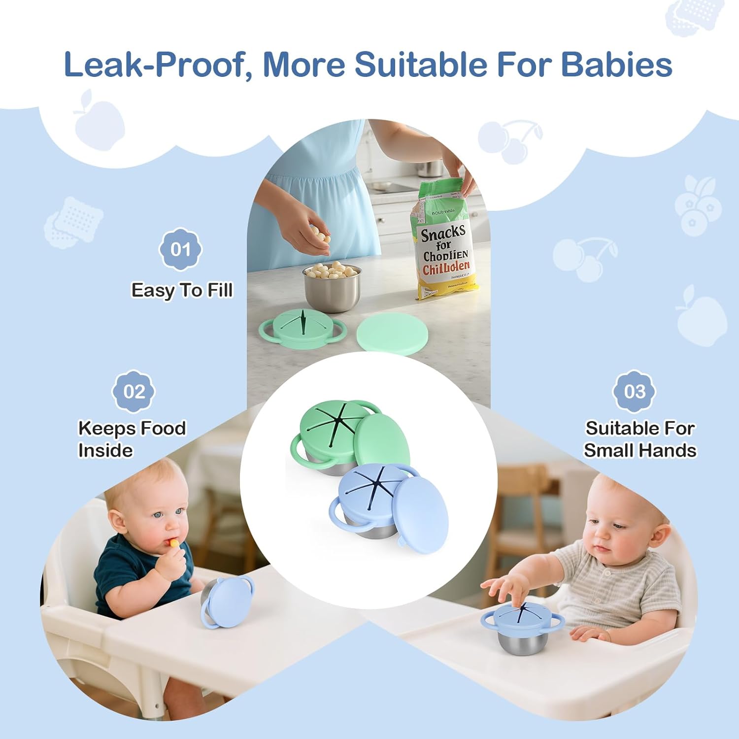 2 Pack Snack Cups for Toddlers Spill Proof - Detachable Stainless Steel Toddler Snack Cups with