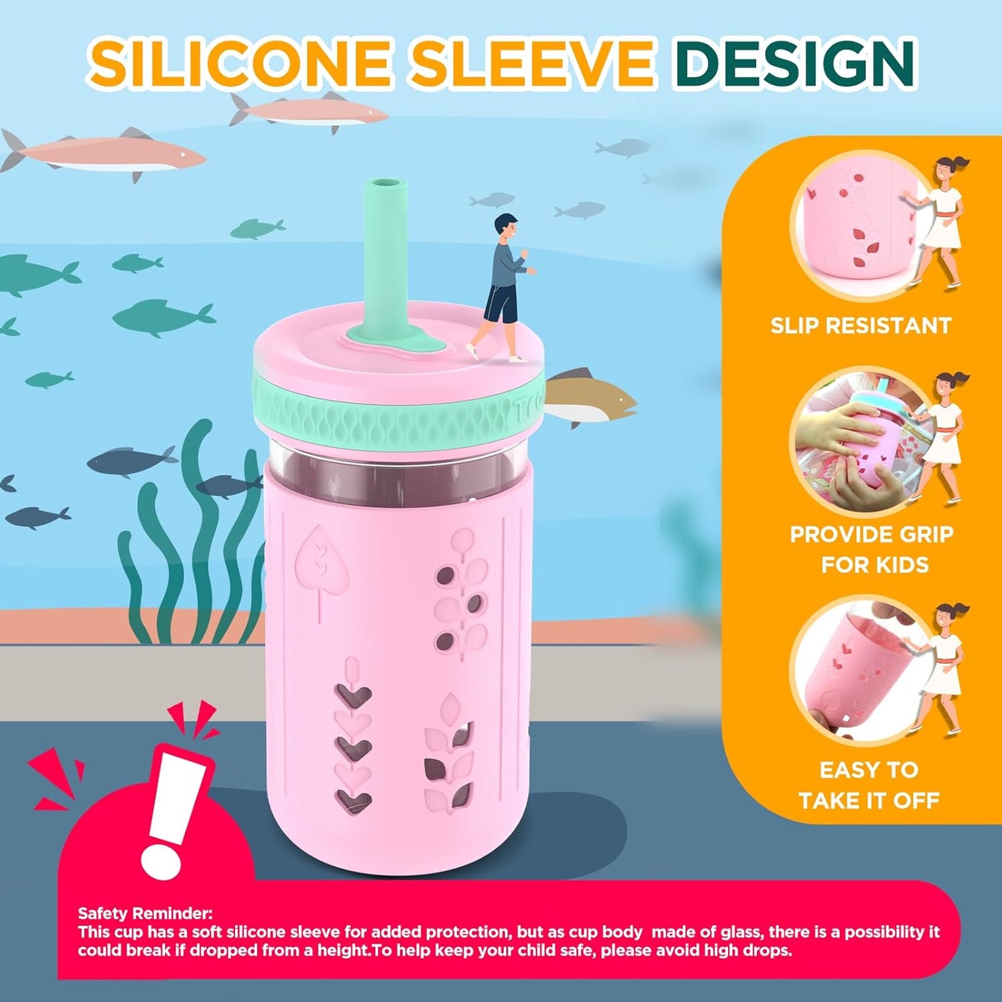 Tronco 12 oz Glass Sippy Cup for Kids & Toddlers | Mason Jar Smoothie Cups with Spill-Proof