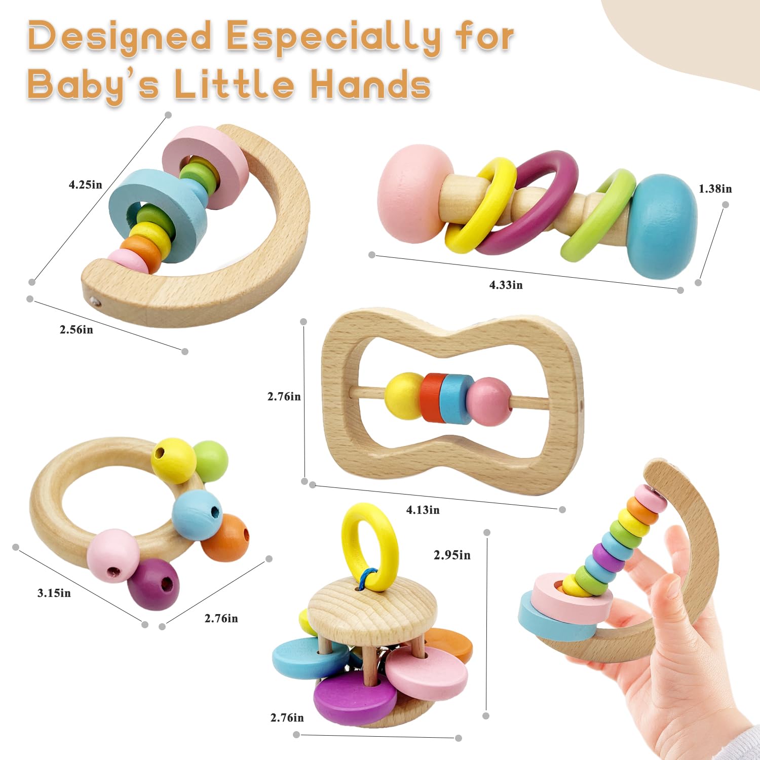 Wooden Baby Rattle, Organic Colorful Baby Rattles Set, Toddler Hand Wooden Rattles Toy Set for