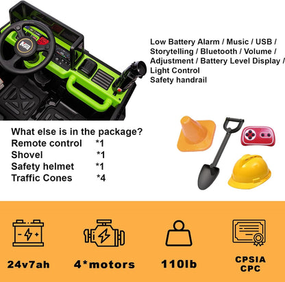 24V Ride On Dump Truck, 24inch-2 Seater Ride On Car for Kids w/Remote Control 4WD/2WD Up to 5 Mph, 24v Ride on Toys for Big Kids w/Electric Dump Bed Extra Shovel Traffic Cones (Green)