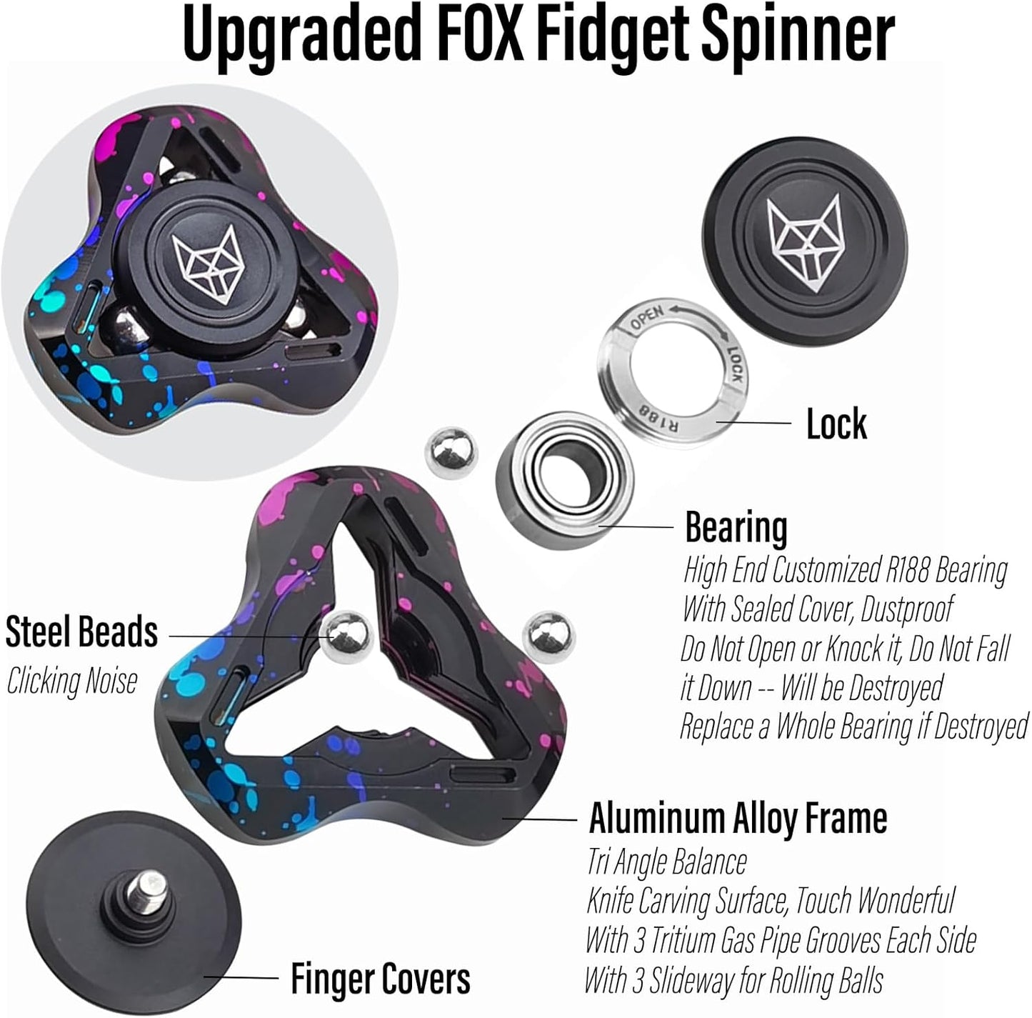 FREELOVE Metal Fidget Spinner for Adults, Upgraded Fox, Stainless Steel Fidget Toys, High Spin Long Spinning Finger Gyro, Small Mini Fidget Block, Silent Bearings EDC for Men Anxiety Cool