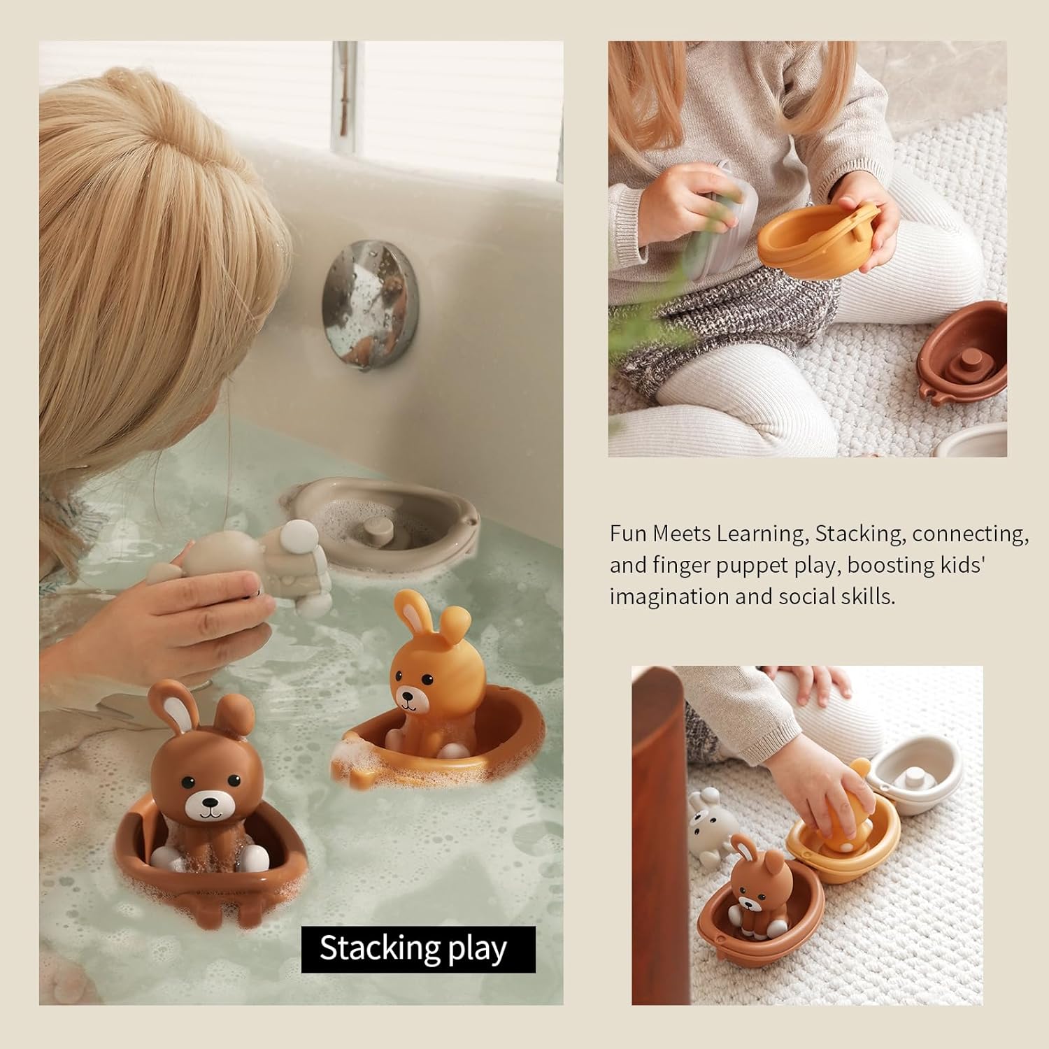 Nueplay Bathtub Toys for Toddlers 18M+，Baby Bath Toys with Animal Finger Puppets，Stackable Boat