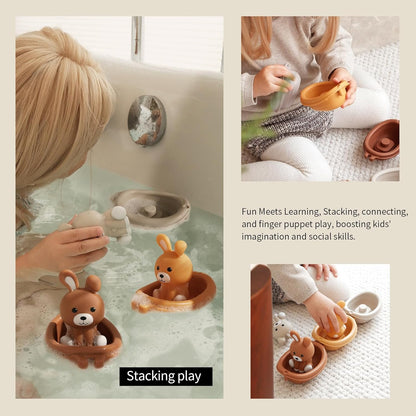 Nueplay Bathtub Toys for Toddlers 18M+，Baby Bath Toys with Animal Finger Puppets，Stackable Boat