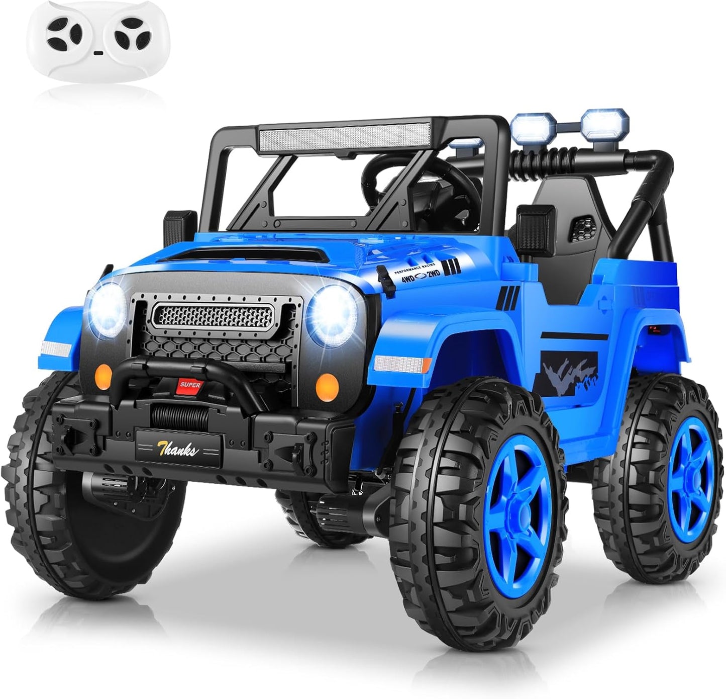 Hikole 24V Kids Ride on Car - 2 Seater, 4WD/2WD Switch, 4x200W Motor, Remote Control, 3 Speeds, LED Lights, Safety Belt, Off-Road Electric Vehicles for Boys Girls, Blue
