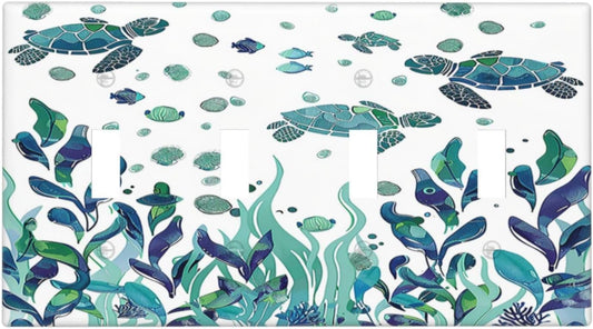 Light Switch Covers Vibrant Turtle Seagrass Watercolor Painting Quad Toggle Electrical Faceplate 4 Gang Wall Plate Decorative Switch Plates for Bathroom living Room Decor