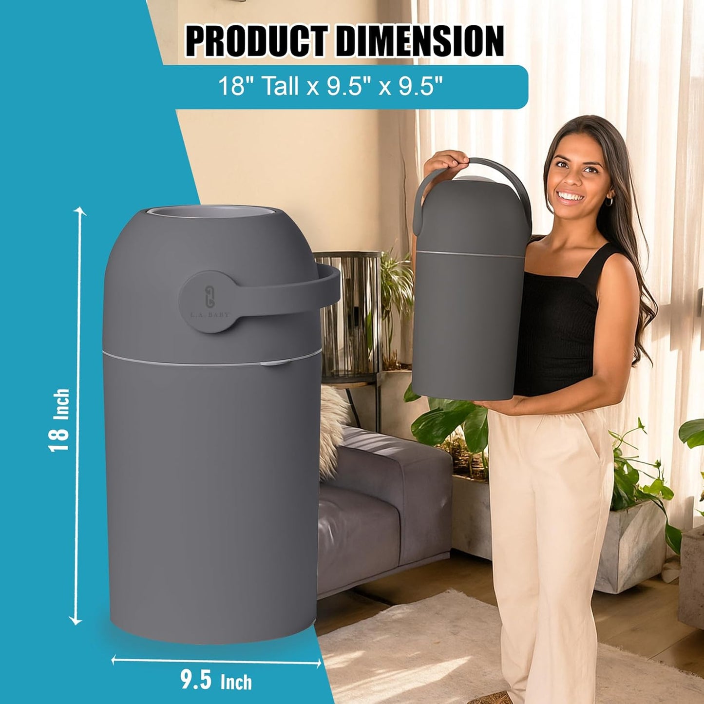 L.A. Baby Magic Diaper Pail - Patented 100% Odor-Free System with Child-Safe Lock - Award-Winning Design - No Refills Required - Works with Regular Trash Bags - Gray