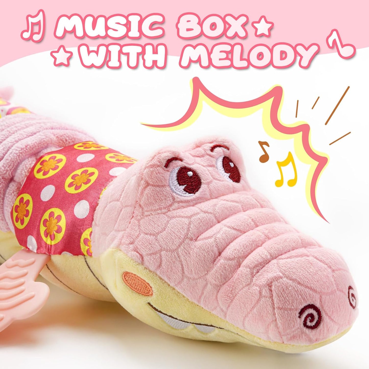 Baby Toys 0 to 12 Months, Musical Stuffed Animal Activity Soft Toys with Multi-Sensory Crinkle, Rattle and Textures,Infant Tummy Time Toys for Newborn Boys Girls, Crocodile, Pink