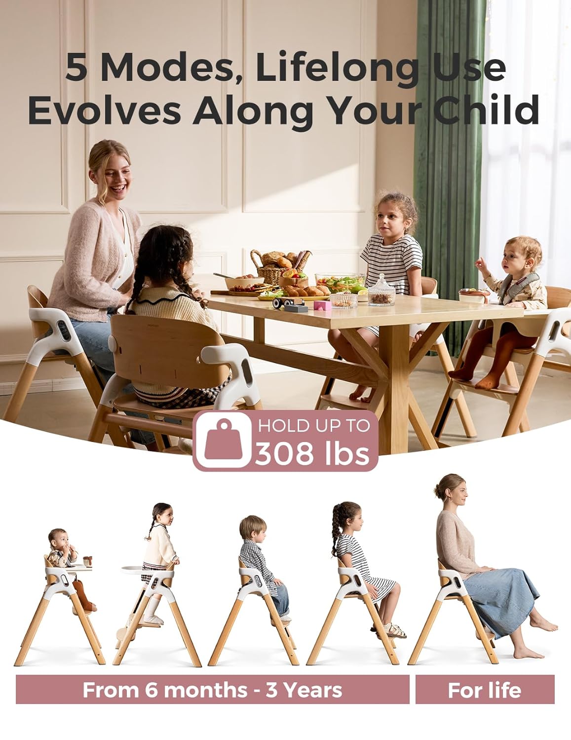 Momcozy DinerPal Wooden High Chair for Babies, Toddlers & Adults Up to 308 Lbs, Convertible Baby