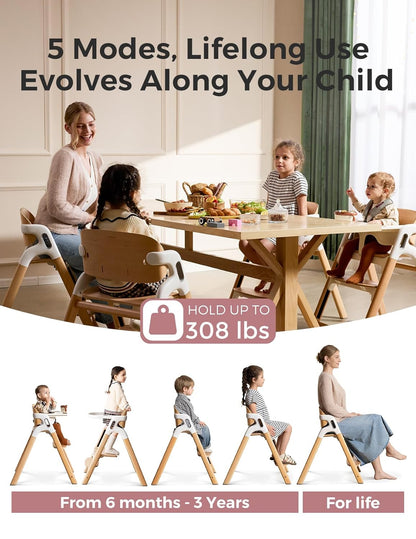 Momcozy DinerPal Wooden High Chair for Babies, Toddlers & Adults Up to 308 Lbs, Convertible Baby