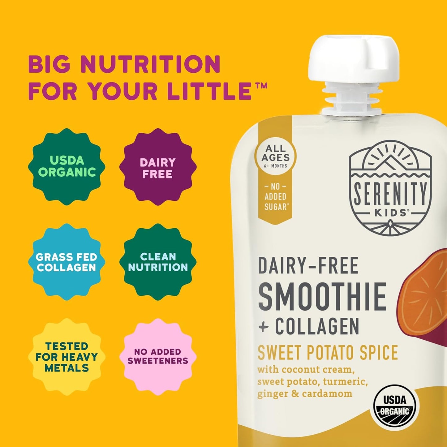 Serenity Kids 6+ Months Dairy-Free Smoothie Baby Food | USDA Organic | Grass Fed Collagen Protein |