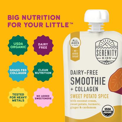 Serenity Kids 6+ Months Dairy-Free Smoothie Baby Food | USDA Organic | Grass Fed Collagen Protein |