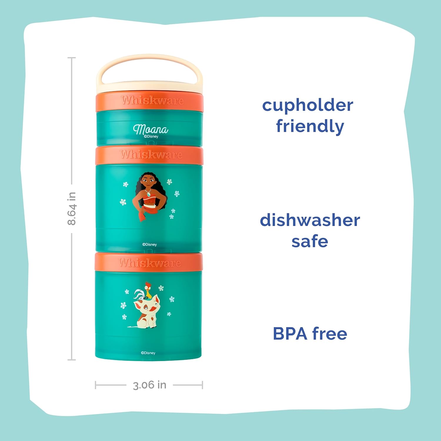 Whiskware Disney Princess Moana, Stackable Snack Containers for Kids, 3 Stackable Snack Cups for