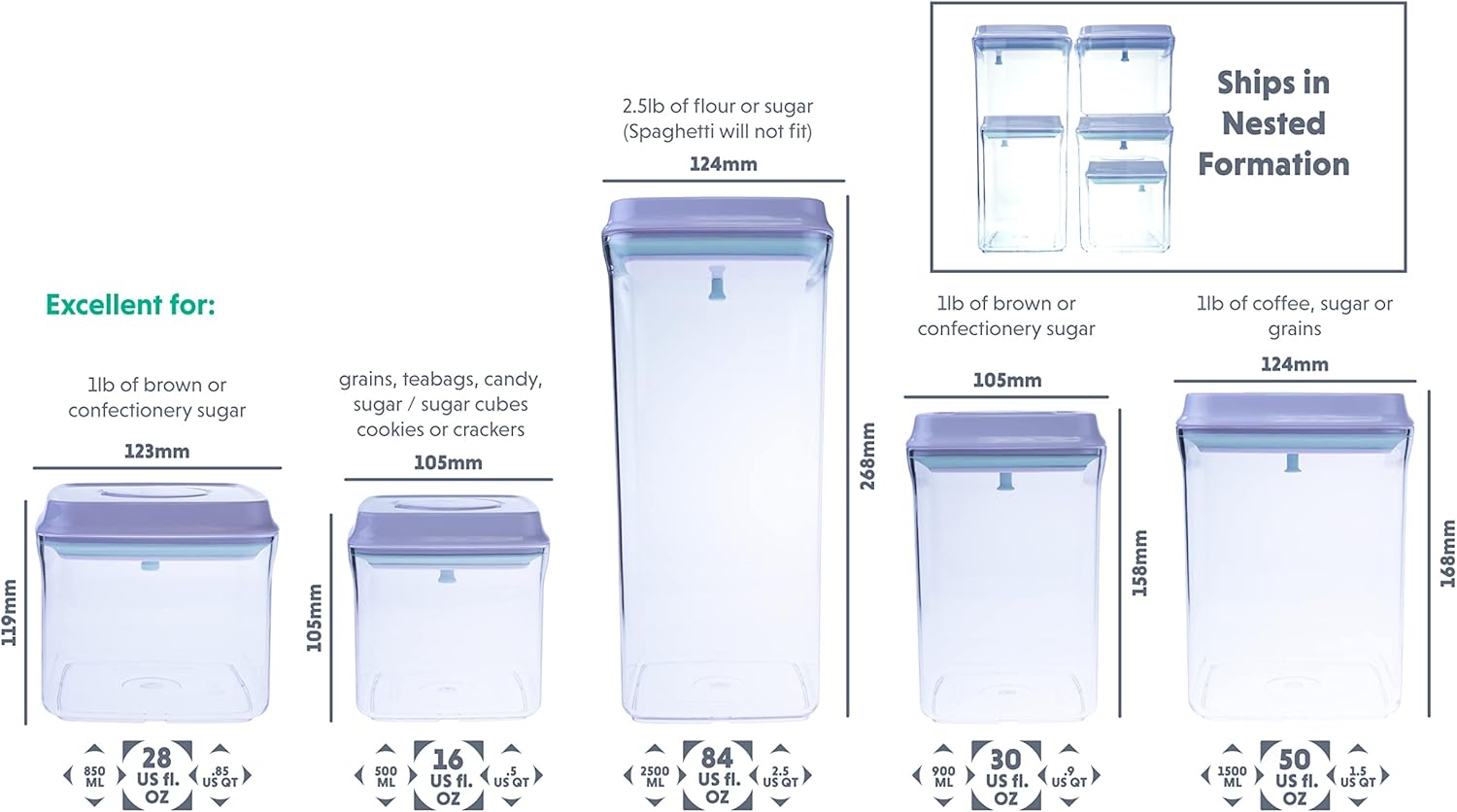 BopTop (5pc Set) Airtight Food Storage Container – Mechanical Silicone Seal Canister - BPA-Free