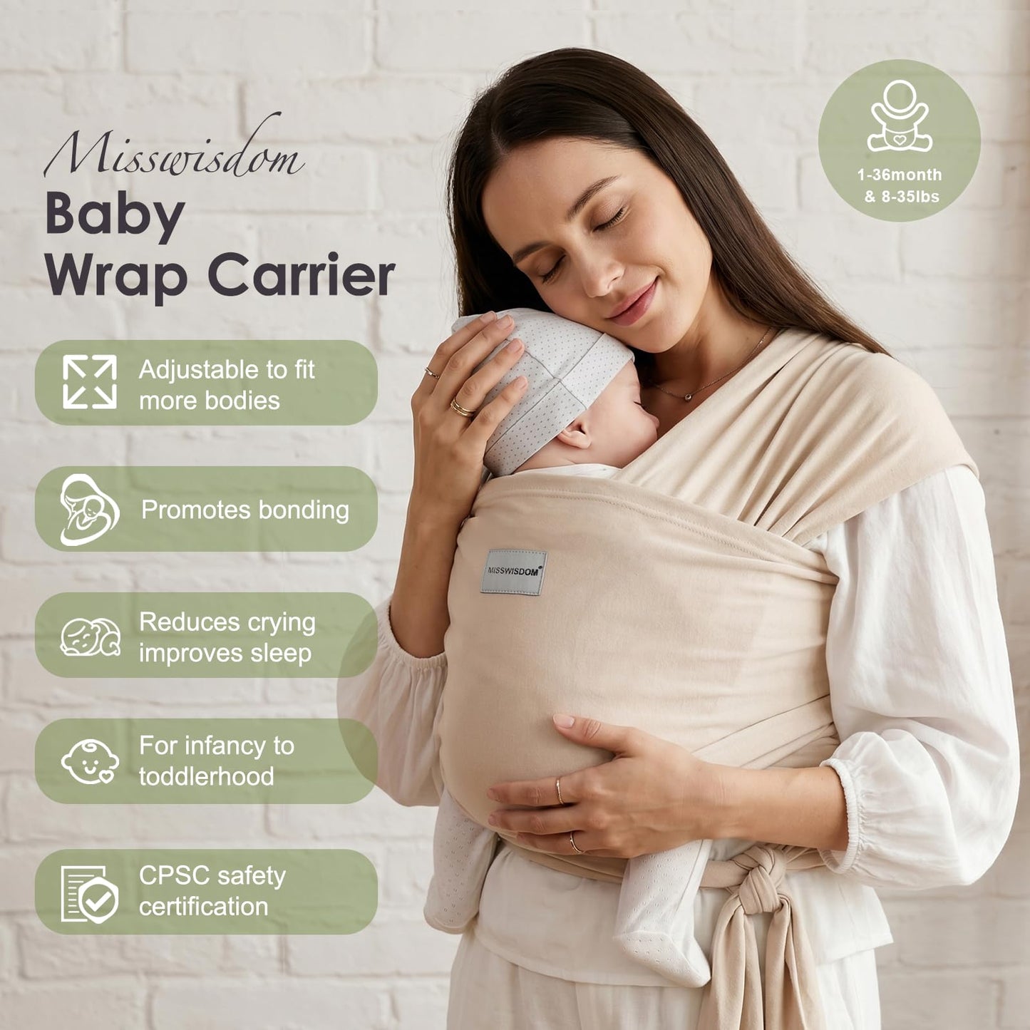 MISSWISDOM Baby Wraps Carrier, Baby Carrier Wrap Newborn Sling 7-35lbs, Baby Wearing Wrap Newborn