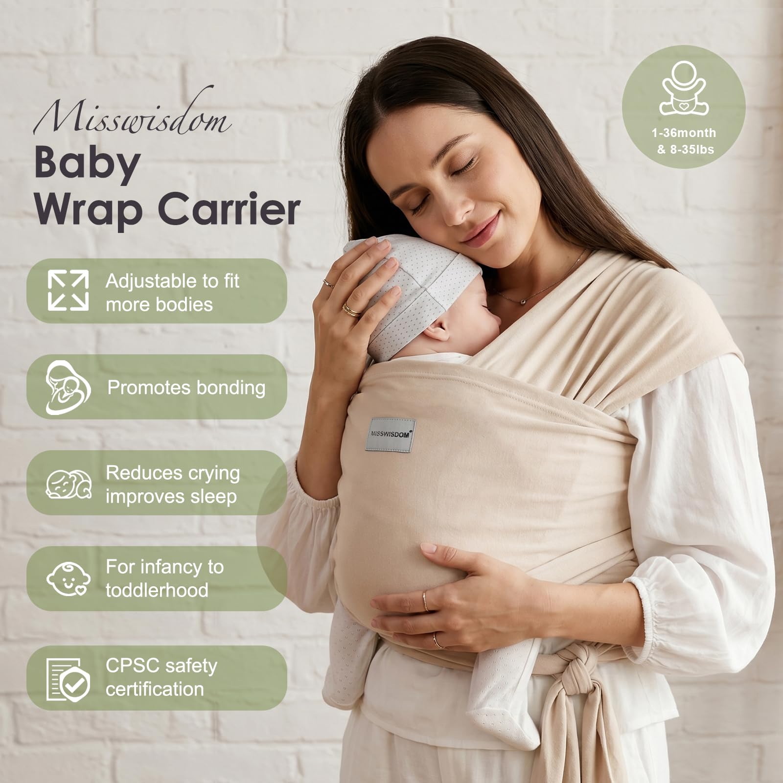 MISSWISDOM Baby Wraps Carrier, Baby Carrier Wrap Newborn Sling 7-35lbs, Baby Wearing Wrap Newborn