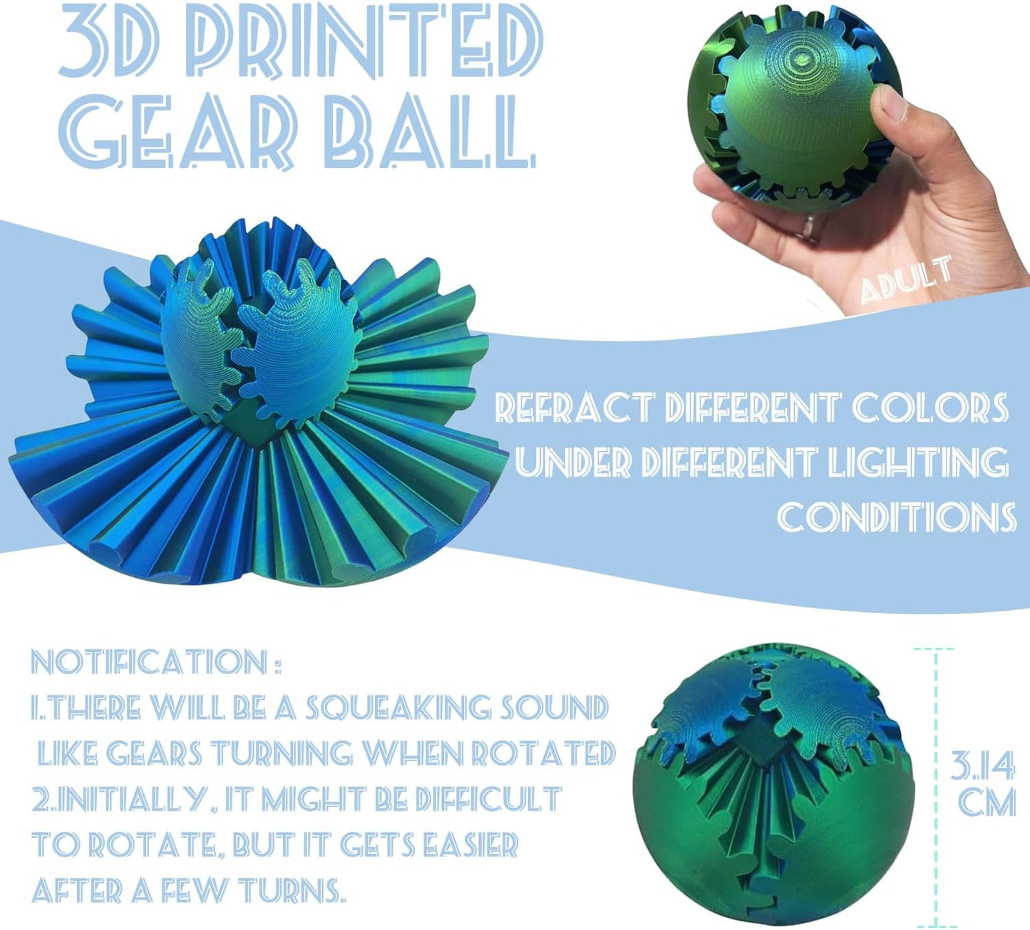 Gear Ball - GearSphere Fidget Toy, 2024 Gear Sphere Cube Puzzlefor Adults Kids Stress and Anxiety Relaxing,3D Printed Spin Ball or Cube Fidget Toy (Blue+Orange)