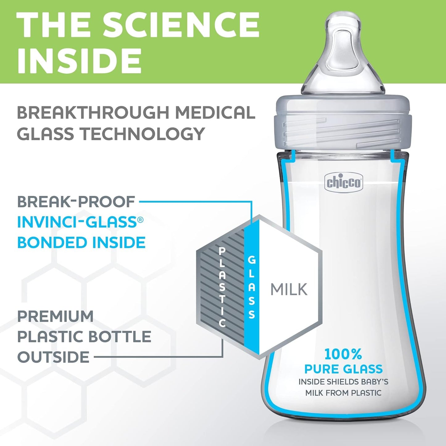 Chicco Duo 9oz. Hybrid Baby Bottle with Invinci-Glass Inside and Plastic Outside | Dishwasher
