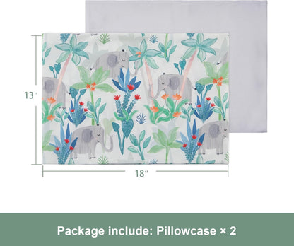 TILLYOU Toddler Pillowcases 13 x 18 Travel Pillow Case 2 Pack, Kids Pillowcases Machine Washable with Envelope Closure, Rainforest Elephant & Grey