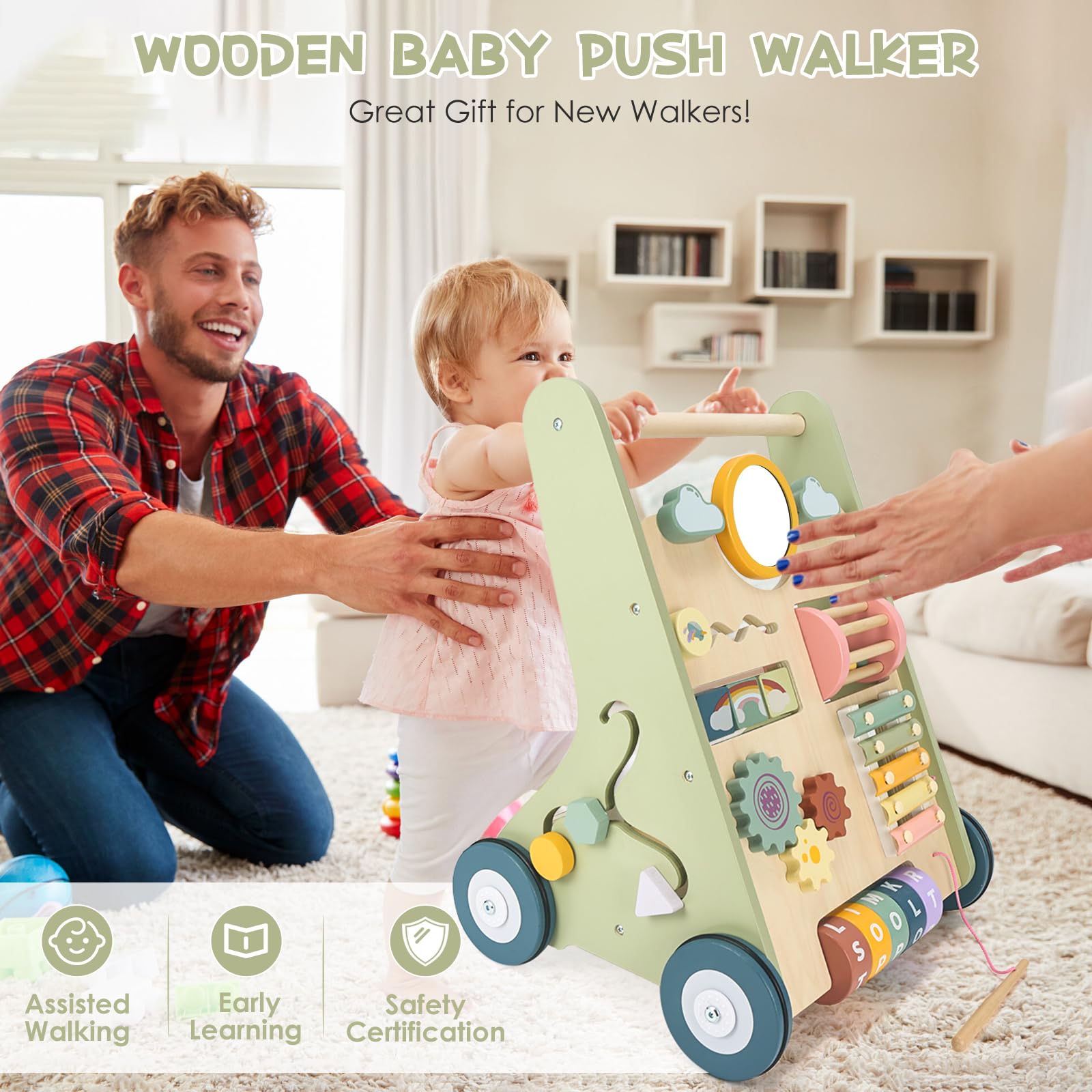 Baby Push Walker, Wooden Baby Walker with Wheels, Montessori Walker for Babies 12 Months