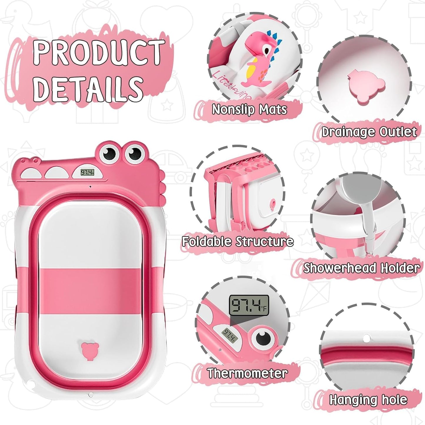 MoreFeel Collapsible Baby Bathtub for Newborn with Thermometer & 1 Hooded Towel & 1 Soft Floating
