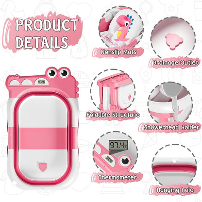 MoreFeel Collapsible Baby Bathtub for Newborn with Thermometer & 1 Hooded Towel & 1 Soft Floating