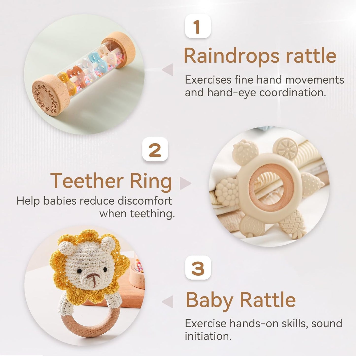 Youuys Wooden Baby Rattle Set (3pcs) - Crochet Rattle Rain Stick Teething Toys, Wooden Montessori Toy for Newborn Infant Baby Rattles Set Toys 3-6-12 Months(Lion)