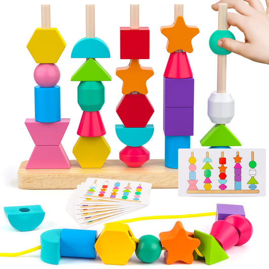 Montessori Wooden Beads Sequencing Toy Set, Stacking Blocks & Lacing Beads & Matching Shape