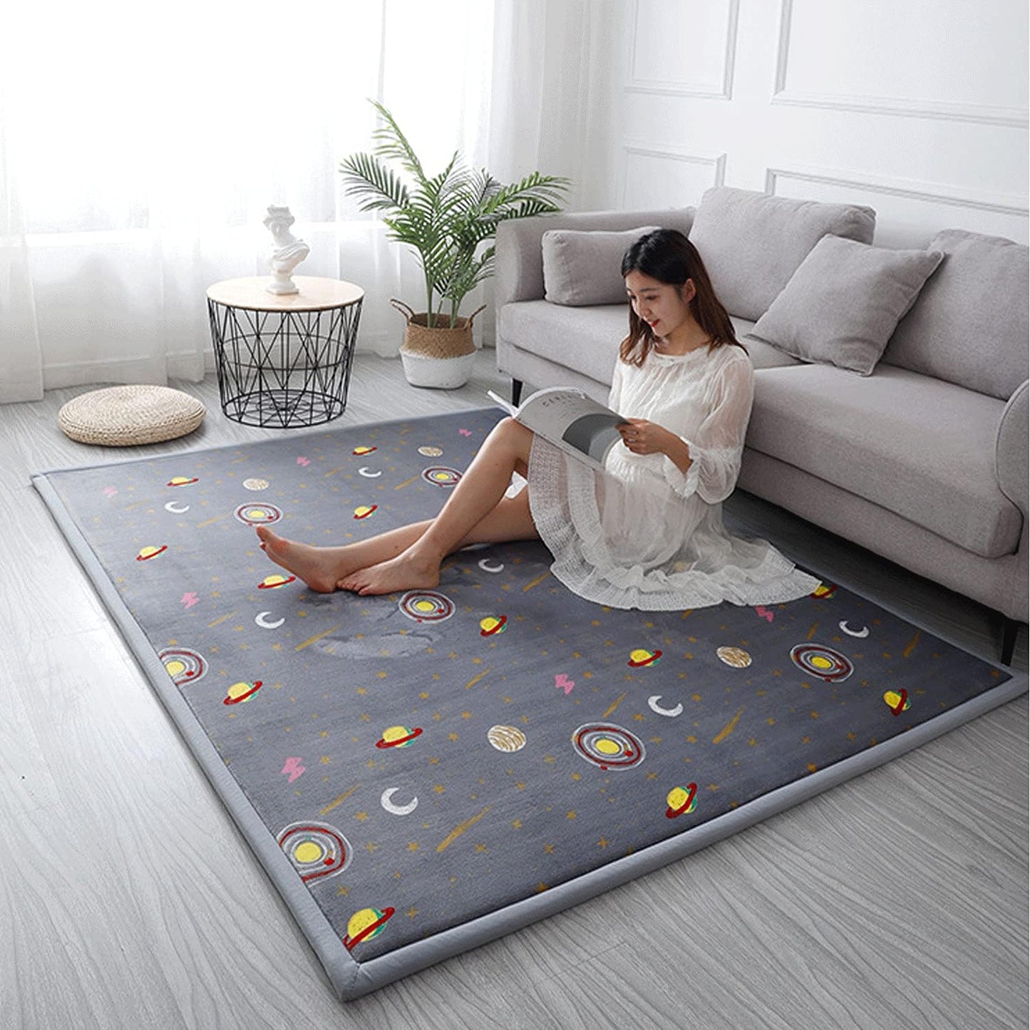 Loartee Coral Velvet Area Rug - 1" Thick Memory Foam Baby Play Mat, Washable Toddler Carpet, Home Decor for Living Room, Nursery, Kids Bedroom, Astral Gray, 6'7"x7'10"