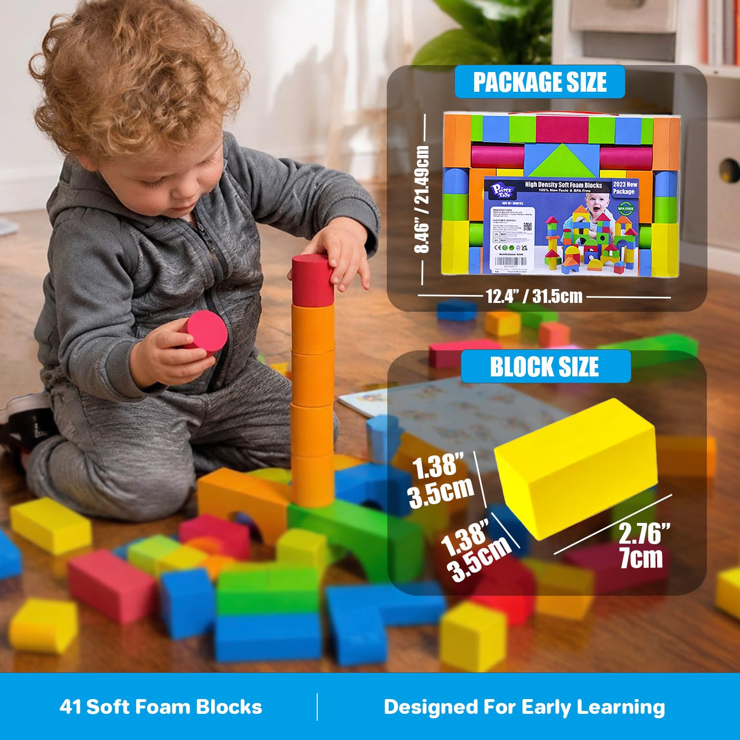 Pairez Toys Foam Building Blocks for Toddlers 2-4, 41 Pieces EVA Soft Stacking Blocks, Baby Bath