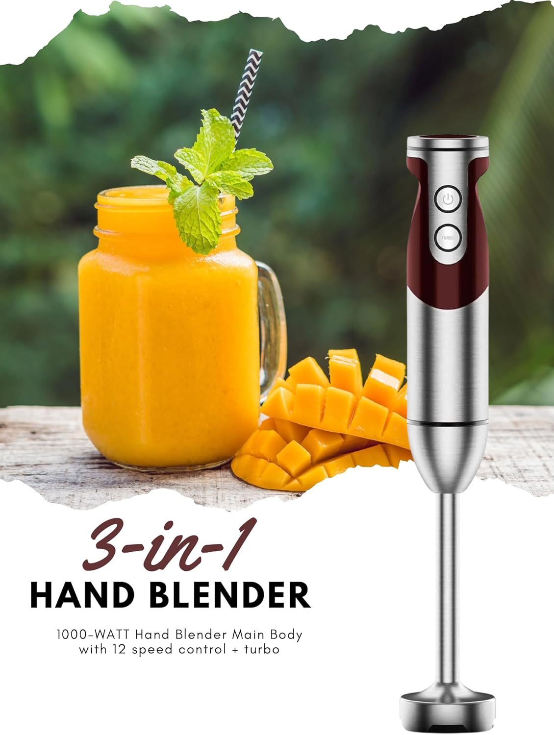 Megawise 3-in-1 Hand Blender – 12-Speed, Includes Powerful Blender Stick, Whisk, and Milk Frother