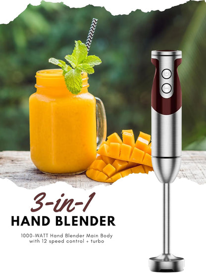 Megawise 3-in-1 Hand Blender – 12-Speed, Includes Powerful Blender Stick, Whisk, and Milk Frother