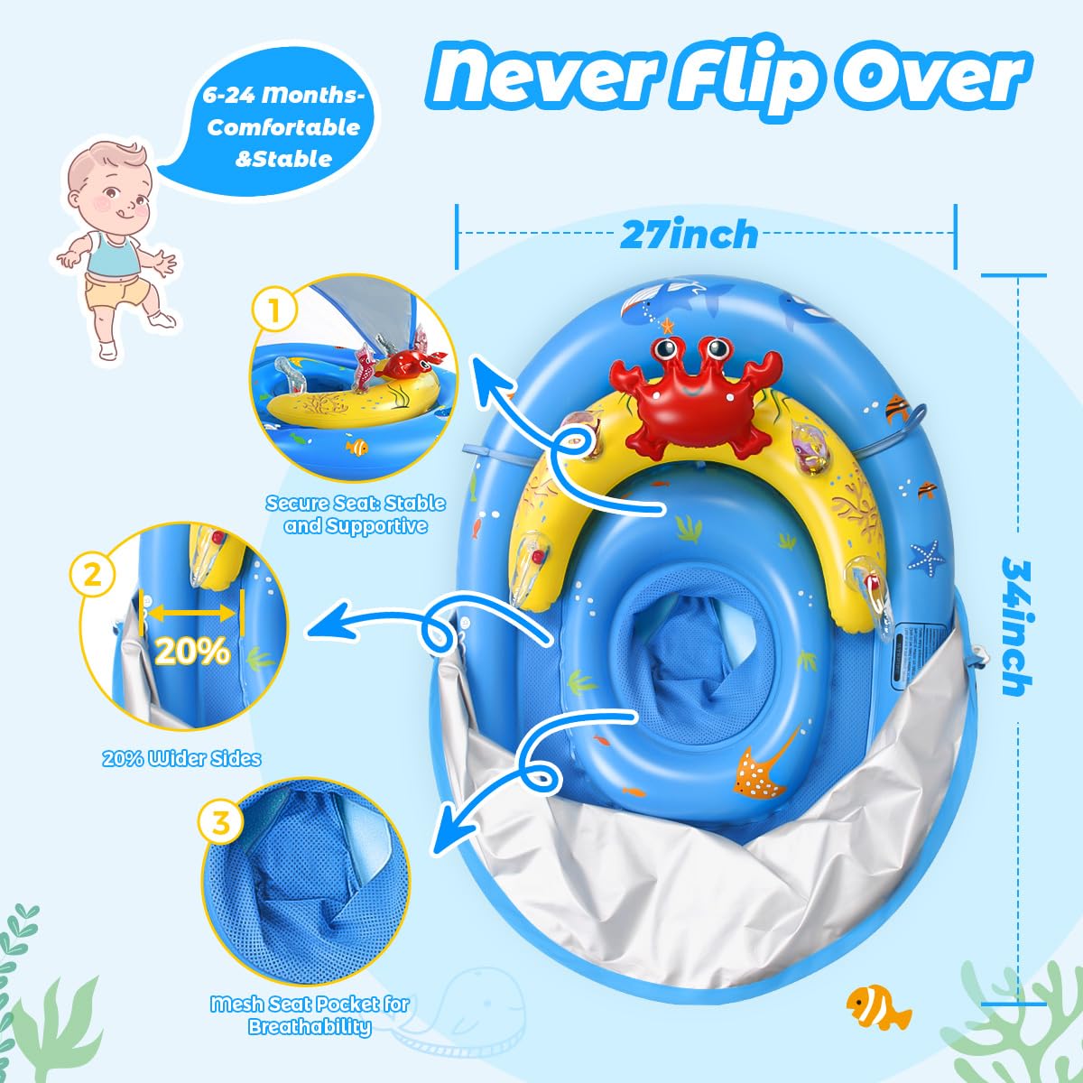 LAYCOL Baby Pool Float with Canopy UPF50+, 120°Adjustable Sun Protection and Anti-Tip Safety Seat