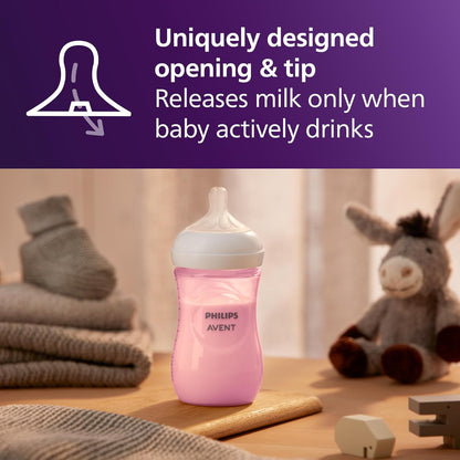 Philips Avent Natural Baby Bottles with Natural Response Nipples (Medium Flow, Flow 3), 9oz, Pink