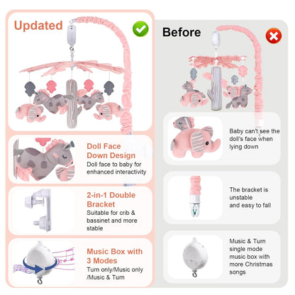 Upgraded Blublu Park Musical Mobile for Crib, Baby Crib Mobile with Hanging Rotating Toys Woodland Nursery Decor for Newborn Baby Boys Girls, Digital Music Box with 3 Modes, 12 Lullabies (Pink)