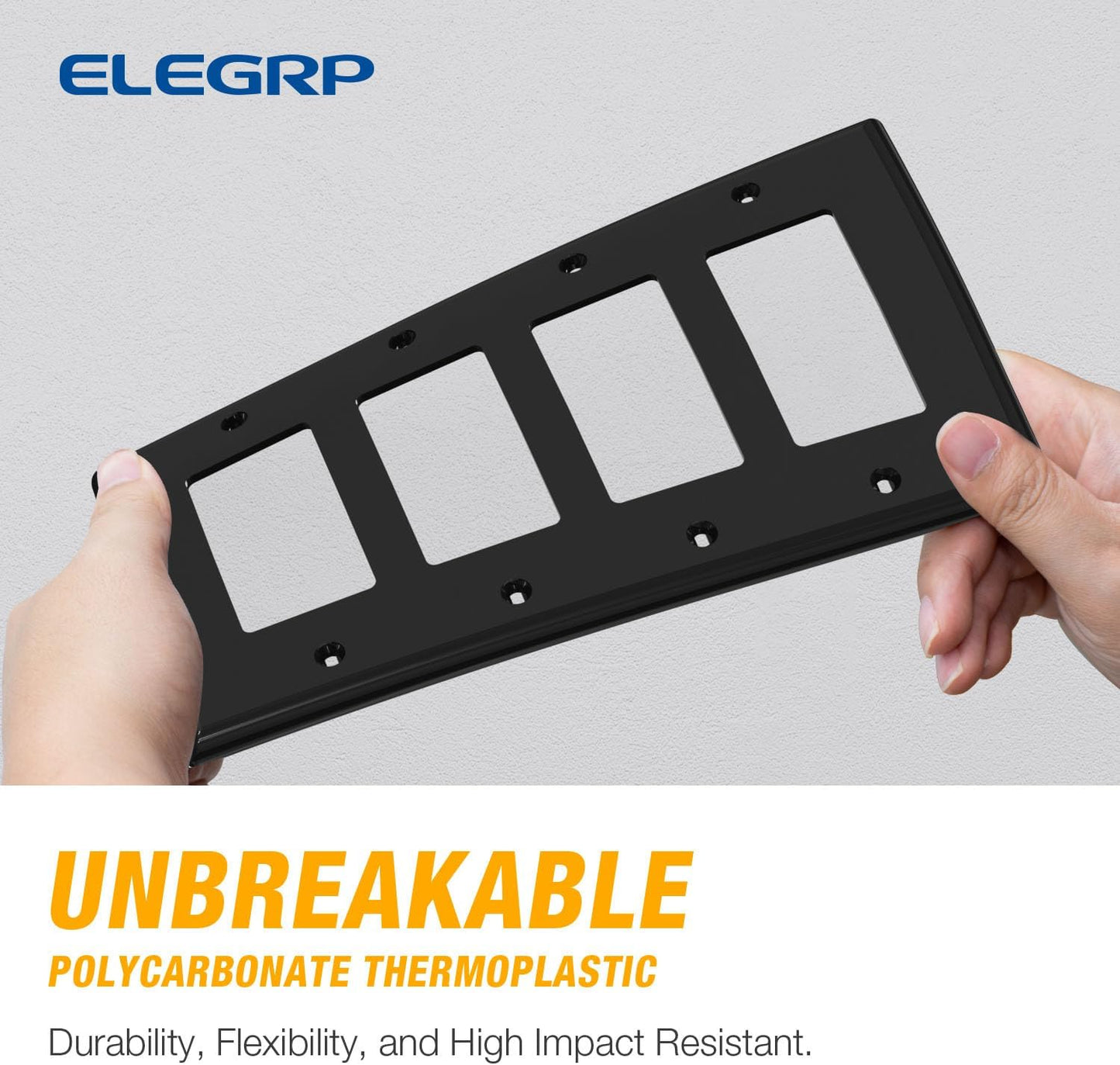 ELEGRP 4-Gang Decorative Wall Plates, Mid-Size 4.88" H x 8.57" L Unbreakable Thermoplastic Faceplate Cover for Decorator Receptacle Outlet Switch, UL Listed (2 Pack, Glossy Black)