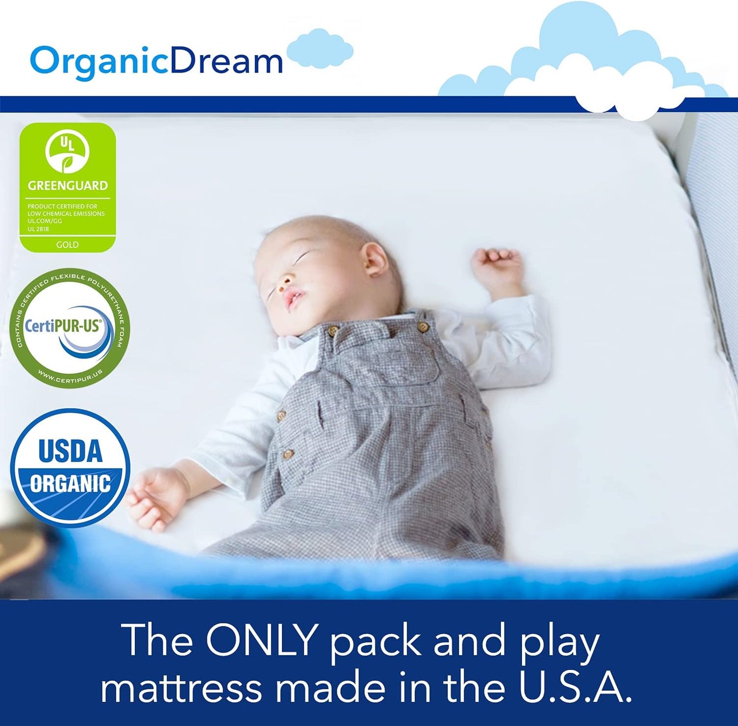 Organic Dream Pack and Play Mattress I [Dual-Sided] I Firm Infant Side + Memory Foam Toddler Side I Plush 100% Organic Cover I Fits Most Pack N Play Playpens and Playards