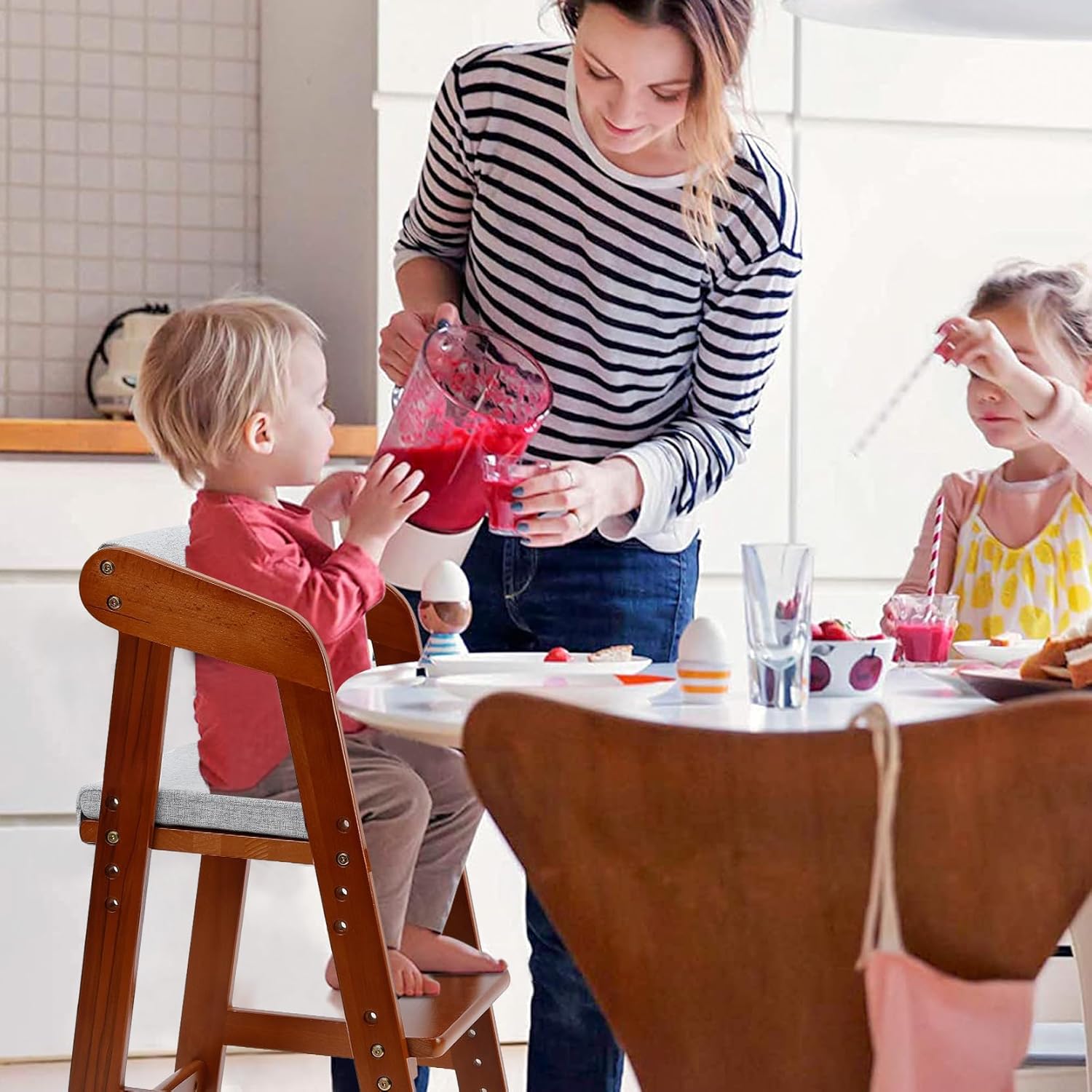 Wooden High Chair for Toddlers, Adjustable Dining Feeding Chair with Removable Cushion for Child
