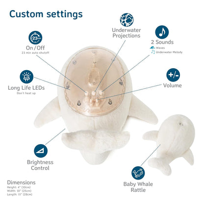 Cloud b Ocean Projector Nightlight with White Noise Soothing Sounds | Adjustable Settings and Auto-Shutoff | Tranquil Whale Family - White