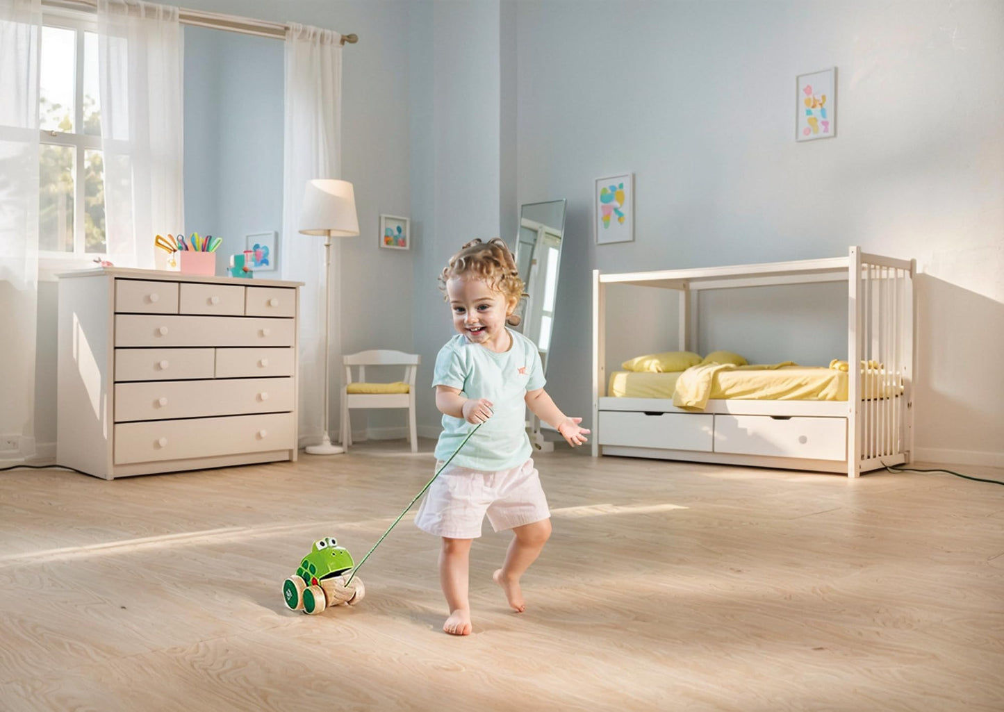 Hape Frog Pull-Along | Wooden Frog Fly Eating Pull Toddler Toy, Bright Colors