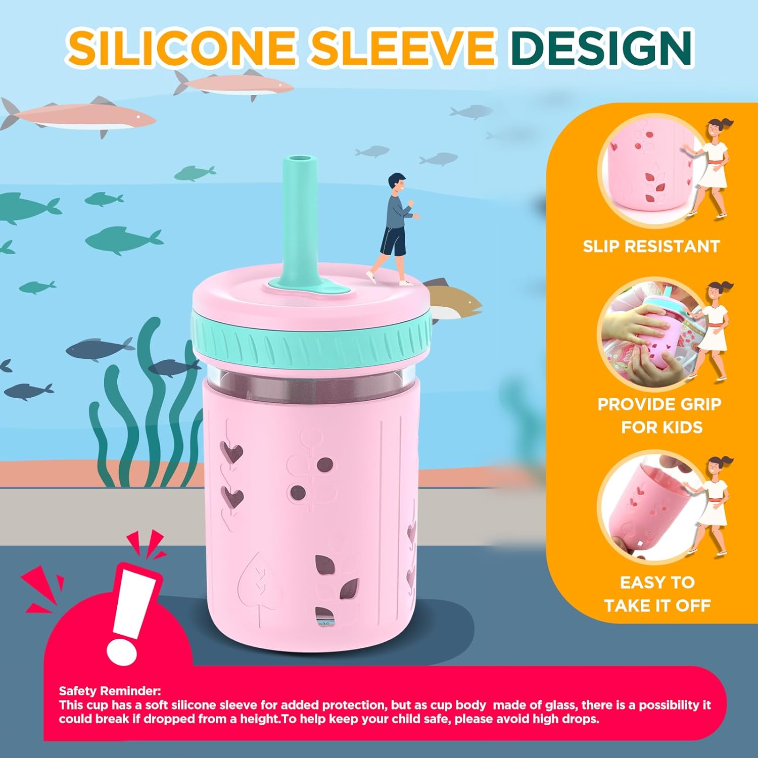 Tronco 8 oz Glass Sippy Cup for Toddlers, Kids Mason Jar Smoothie Cup with Silicone Sleeves & Spill