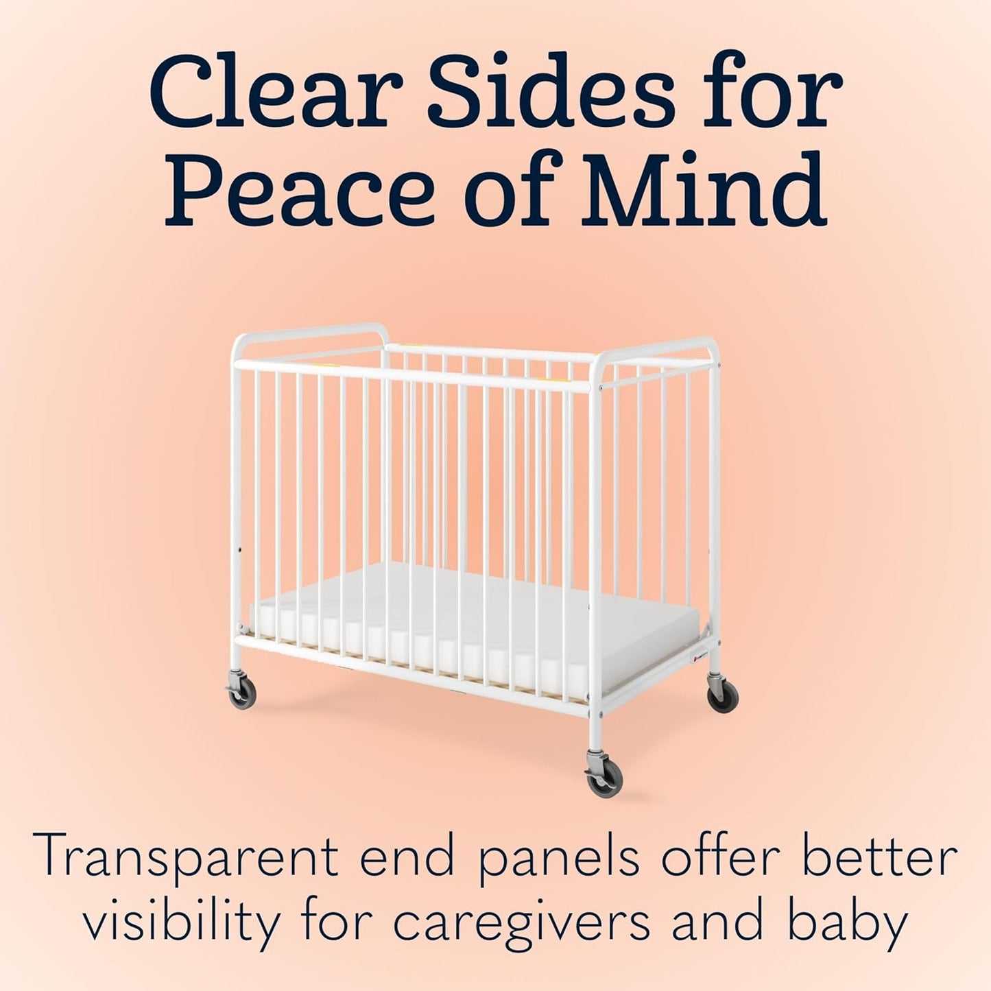 Foundations Chelsea Clearview Metal Compact Daycare Crib, 3" Casters, Compact Mini Size, Easy to