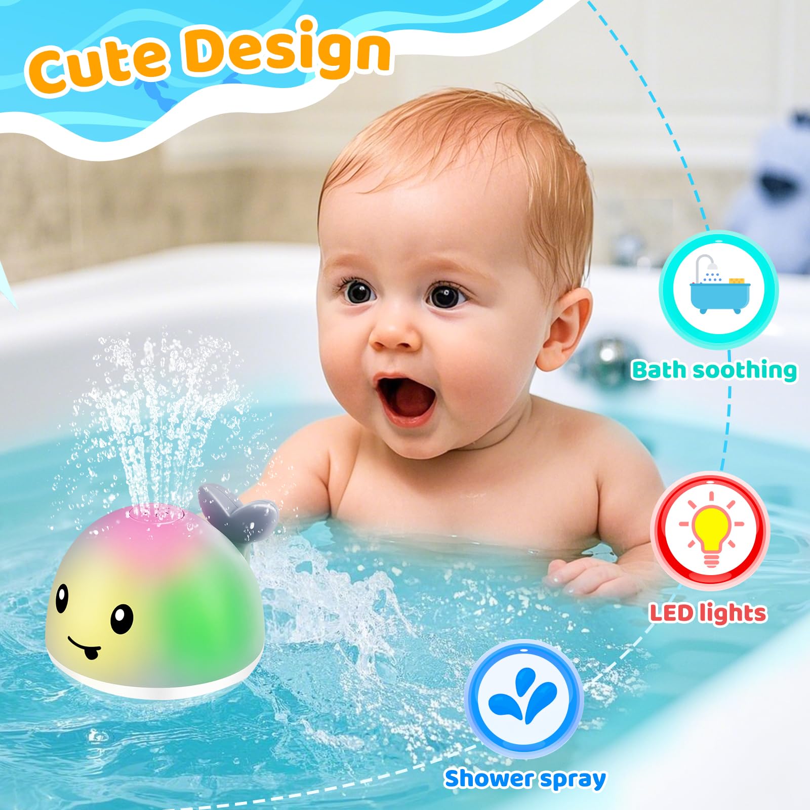 WAVISA Whale Bath Toy Sprinkler, Light Up Baby Bath Toys for Kids