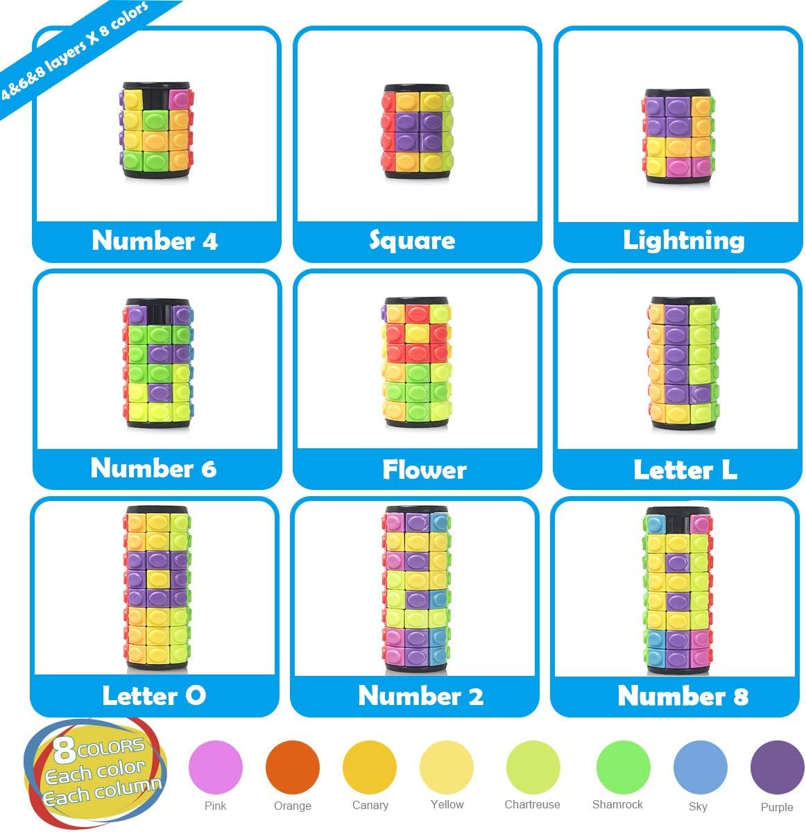 R.Y.TOYS Rotate and Slide Puzzle-Design Patent,Fidget Toys(Restore Order/Create Patterns) 8 Colors,4, 6 and 8 Layers-Detach Piece for Quick Play,Brain Teaser,Sensory Toy Gift,Easter Basket Stuffers